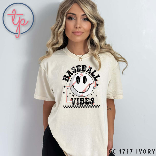 Baseball Vibes Happy Face Baseball Retro Lines
