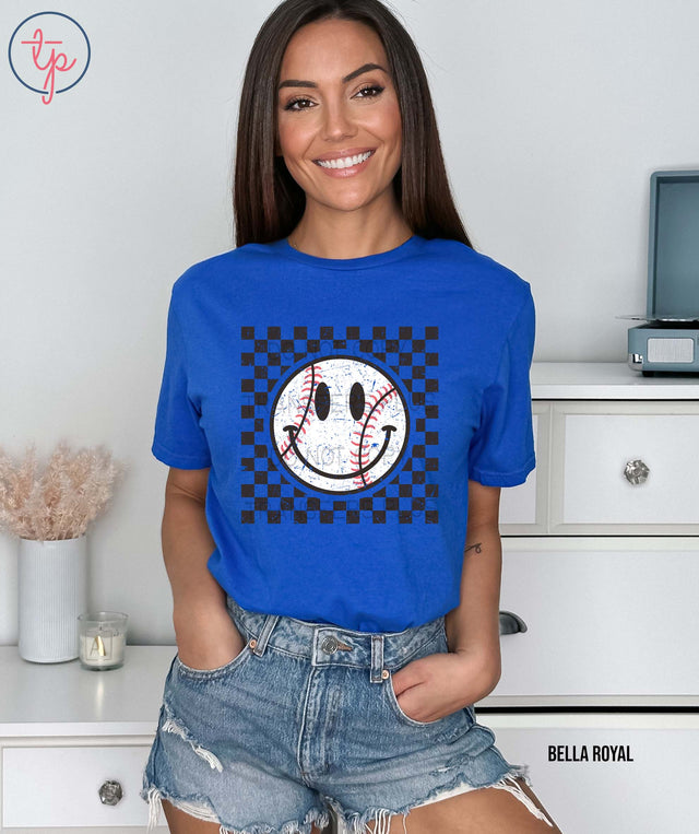 Baseball Happy Face with BLACK Checkered Background