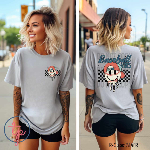 Baseball Vibes Check Smiley Drip Pocket or Back