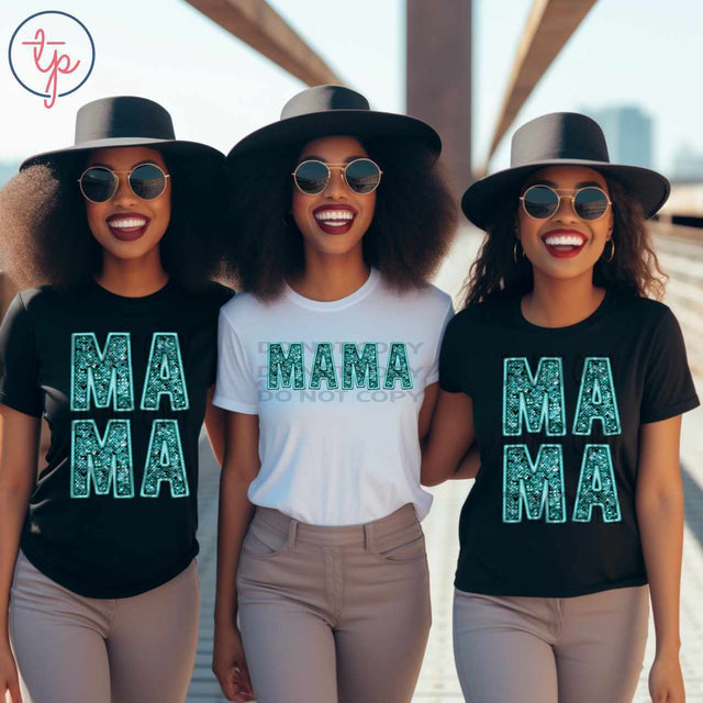 Mama Faux Sequin Teal Stacked or Straight