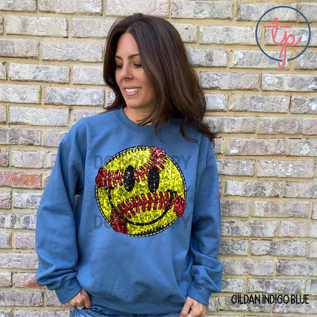 Faux Sequin Softball Smiley