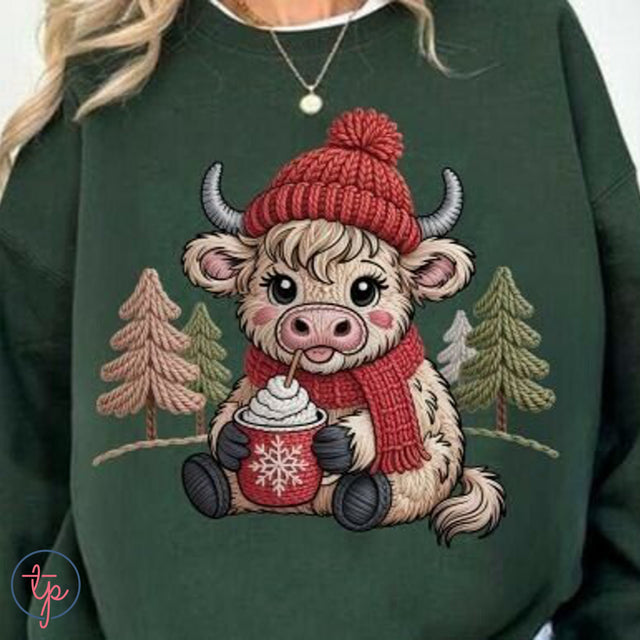 Cute Winter Highland Cow Faux Knit