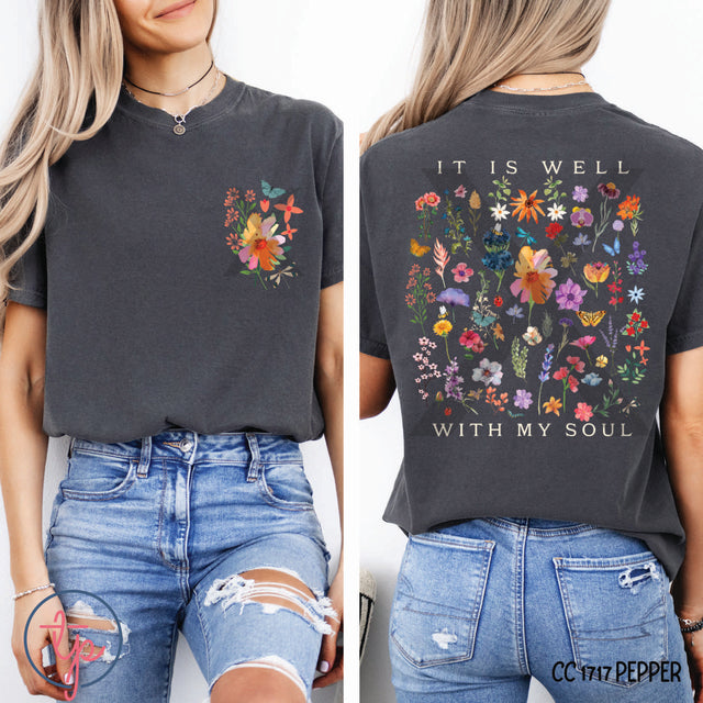 It Is Well Floral Pocket or Back / Black or White