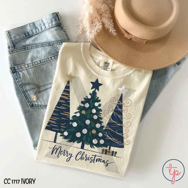 Merry Christmas Navy Gold Trees