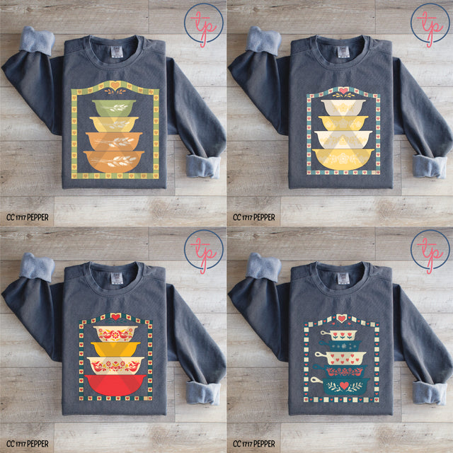 Pyrex Bundle MudHoney Autumn Harvest, Butterfly Gold, Chicken, Colored Printed Hearts, Cornflower, Floral Mixture, Jewel Tones, Olive, Pilgrims, Spring Blossom