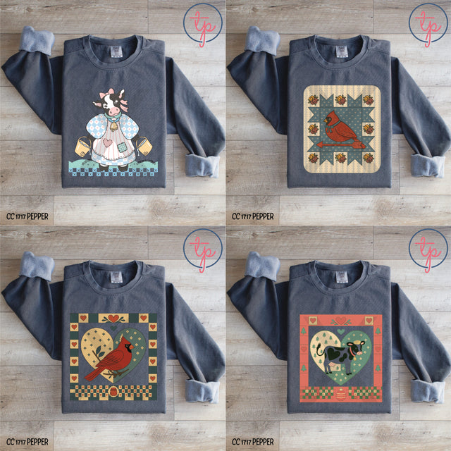 Grandpas Farm MudHoney Betsy Cow, Cardinal, Cardinal Heart, Christmas Cow, Cow Quilt Block, Cow Tea Towel, Goat, Pig, Heart Spotted Cow, Hen Nest, Rooster Arrow, Rooster Heart