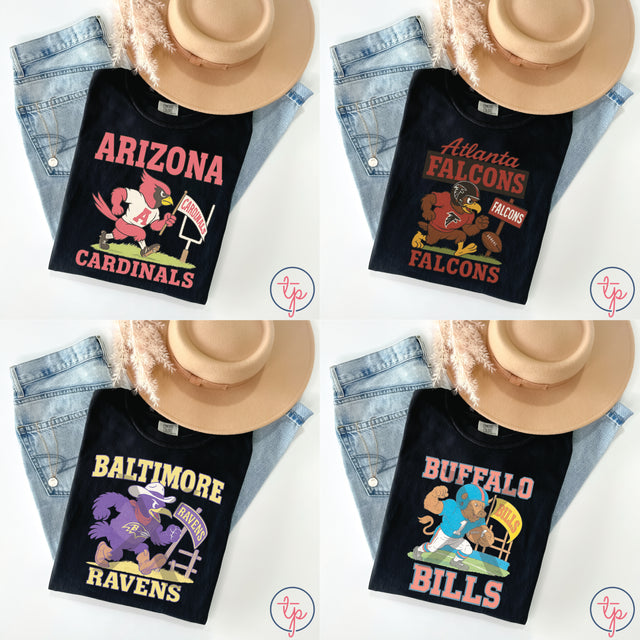 Mascots Arizona Cardinals, Atlanta Falcons, Baltimore Ravens, Buffalo Bills, Chicago Bears, Cincinnati Bengals, Dallas Cowboys, Denver Broncos MudHoney