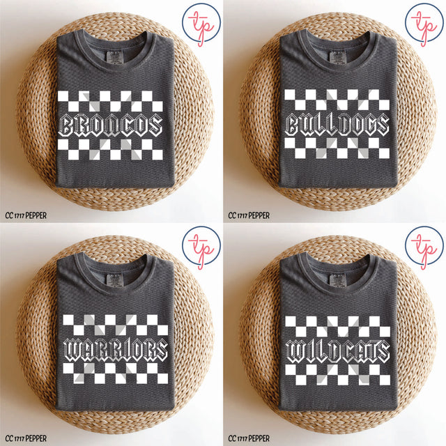 Checckered Mascots Broncos, Bulldogs, Warriors, Wildcats Black or White