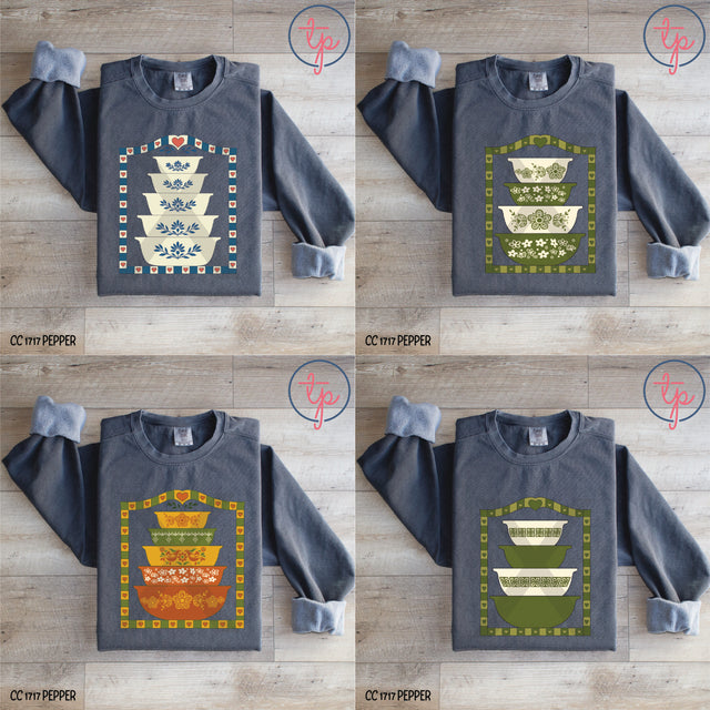 Pyrex Bundle MudHoney Autumn Harvest, Butterfly Gold, Chicken, Colored Printed Hearts, Cornflower, Floral Mixture, Jewel Tones, Olive, Pilgrims, Spring Blossom