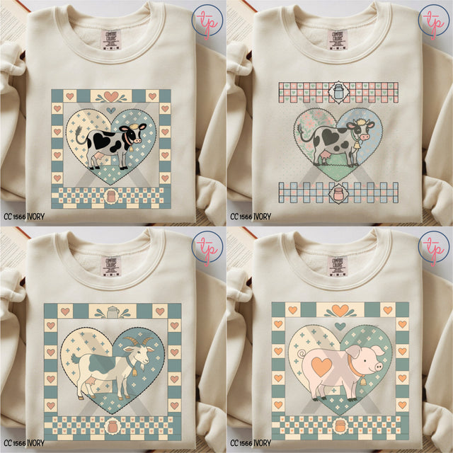 Grandpas Farm MudHoney Betsy Cow, Cardinal, Cardinal Heart, Christmas Cow, Cow Quilt Block, Cow Tea Towel, Goat, Pig, Heart Spotted Cow, Hen Nest, Rooster Arrow, Rooster Heart