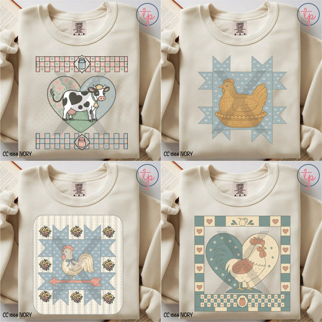 Grandpas Farm MudHoney Betsy Cow, Cardinal, Cardinal Heart, Christmas Cow, Cow Quilt Block, Cow Tea Towel, Goat, Pig, Heart Spotted Cow, Hen Nest, Rooster Arrow, Rooster Heart