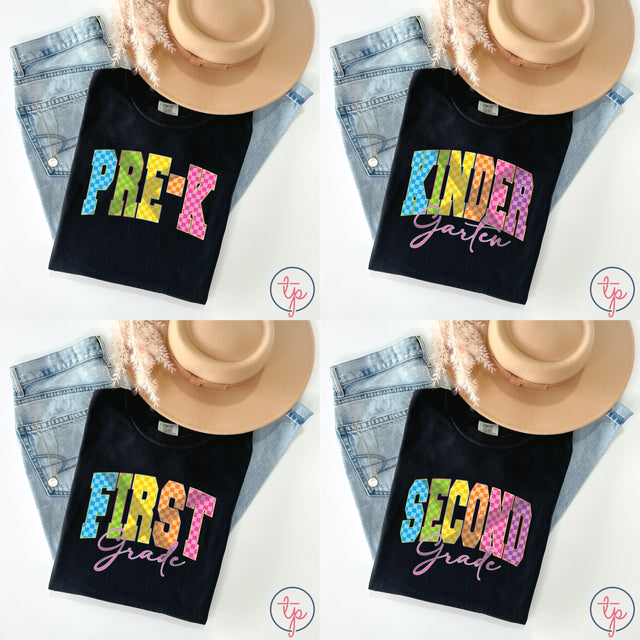Neon Check Pre-K, Kinder, T-1, First, Second, Third, Forth, Fifth